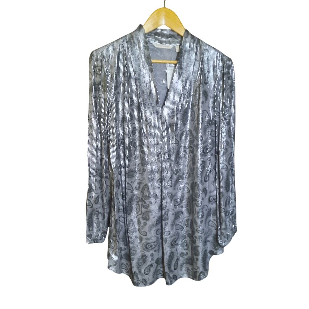 Soft Surroundings Womens Gray Paisley Metalic Long Sleeve Tunic NWT Size M